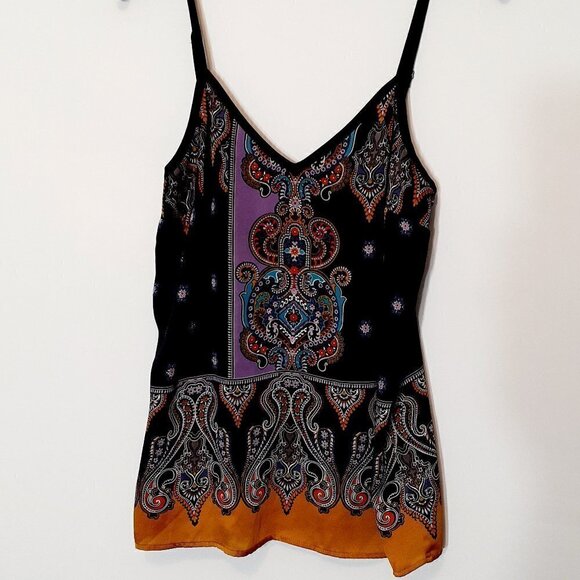 Express Tops - Express Paisley Camisole Tank Top; Black/Lavender/Gold; Adjustable Strap; Size S
